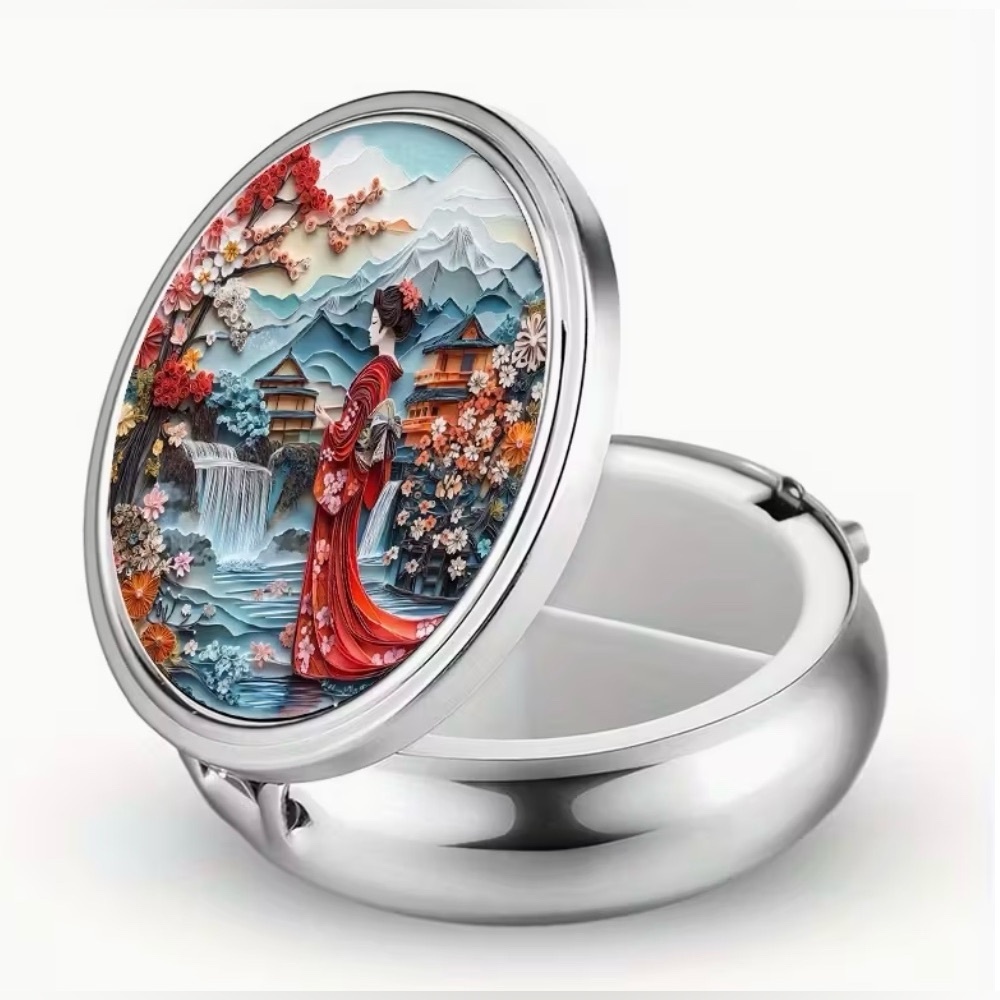 Japanese Geisha Round Pill Organizer 3-Compartment Compact Pill Case New - Picture 4 of 7